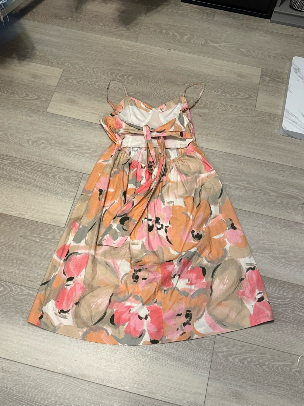 100% Cotton Floral Midi Sundress in Pink & Peach - Women's Spaghetti Strap Dress - Picture 3 of 6